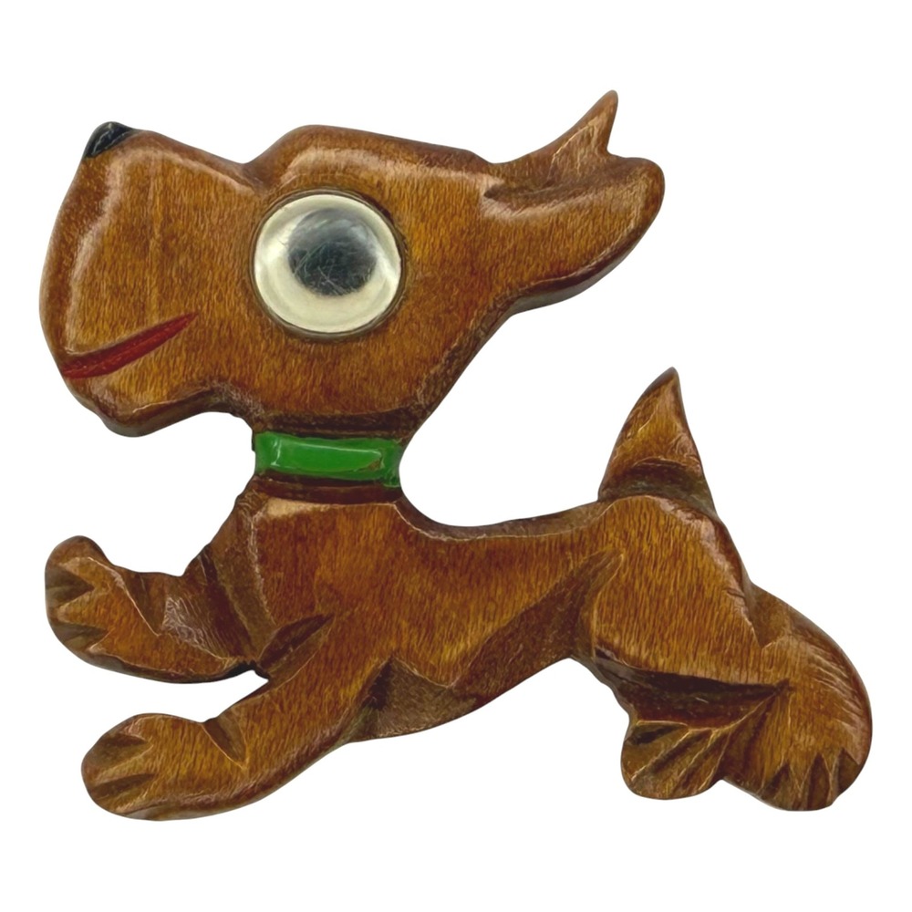 Vintage Dog Brooch Wood Brown Vintage Hand Carved Googly Eye Pin